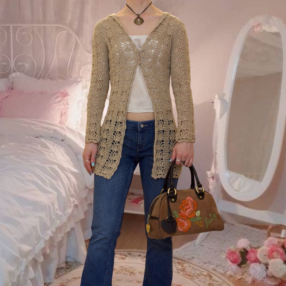 Vintage y2k boho crochet hooded cardigan